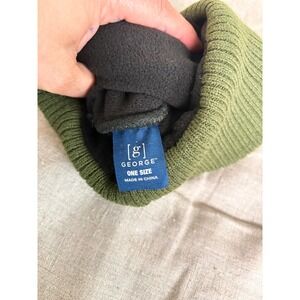 George Mens Olive Green Ribbed Knit Fleece Lined Beanie Hat Pine Tree Patch OS